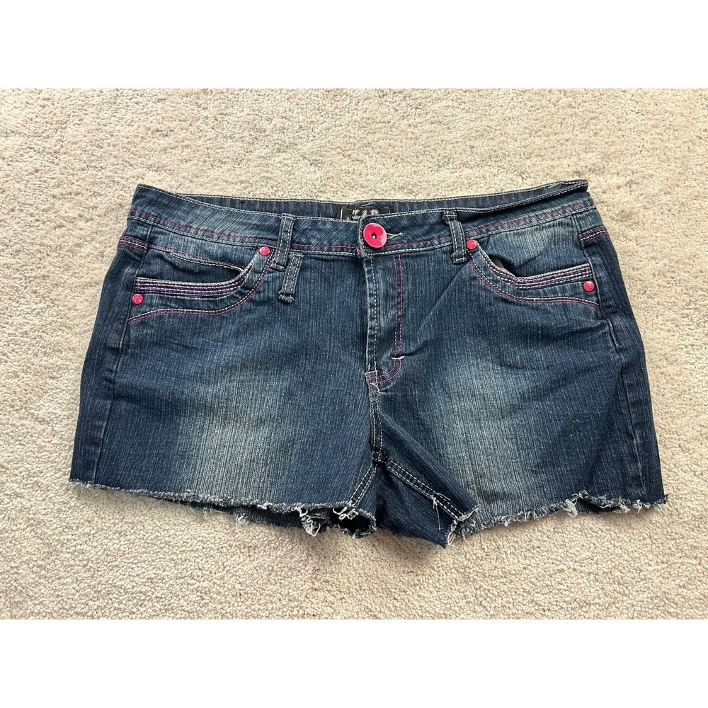 ZIP Women's Denim Shorts Size 20 Stretch Dark Blue Frayed Hem